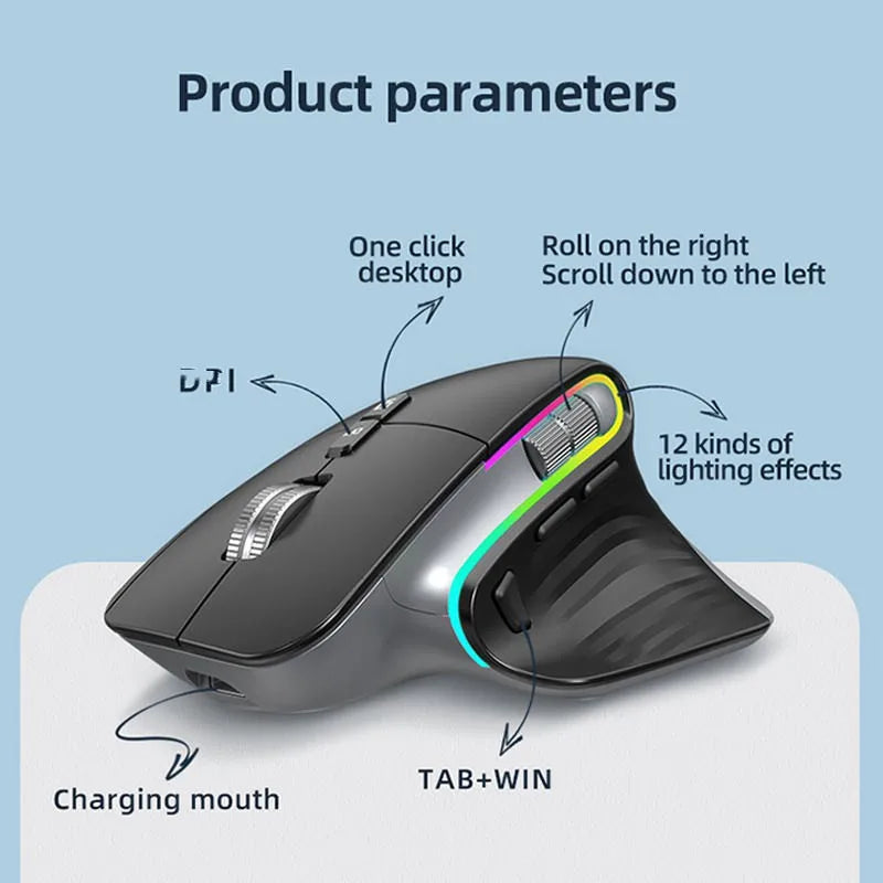 Wireless Optical Mouse for Right-Handed Gamers Portable USB BT 5.0 2.4G Interface Multi-Device Compatibility Vertical Stock!