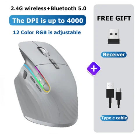 Wireless Optical Mouse for Right-Handed Gamers Portable USB BT 5.0 2.4G Interface Multi-Device Compatibility Vertical Stock!