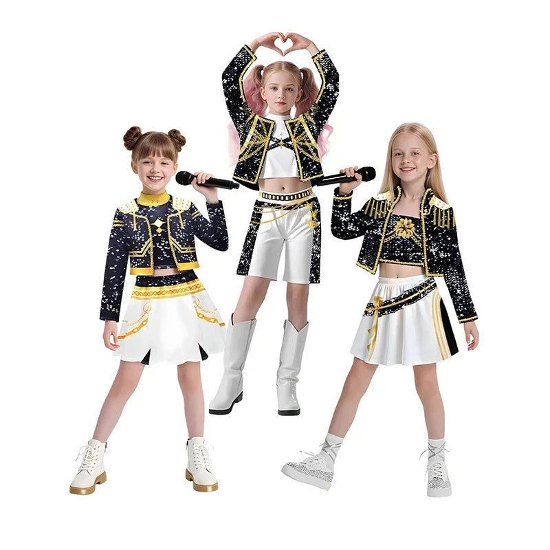 Kids Girls K-pop Rumi Zoey Cosplay Huntrix Costume 3D Print Demon Hunters Mira Stage Costumes Child Halloween Party Clolthes Set