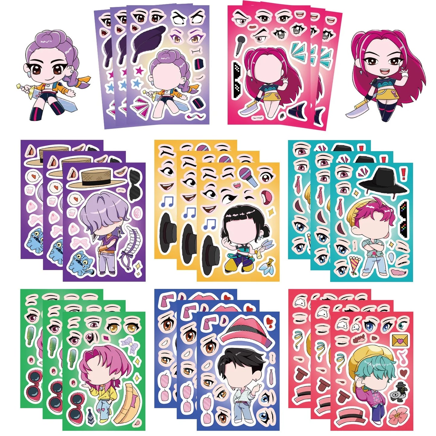 8/16Sheets Funny Kpop Demon Hunters Make A Face Puzzle Stickers Kids Make Your Own DIY Game Children Jigsaw Education Toy Gift