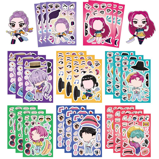 8/16Sheets Funny Kpop Demon Hunters Make A Face Puzzle Stickers Kids Make Your Own DIY Game Children Jigsaw Education Toy Gift